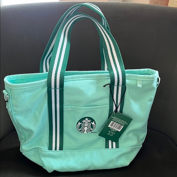 Starbucks Handbags - Starbucks Mint Green Canvas Tote Bag with Striped Handles